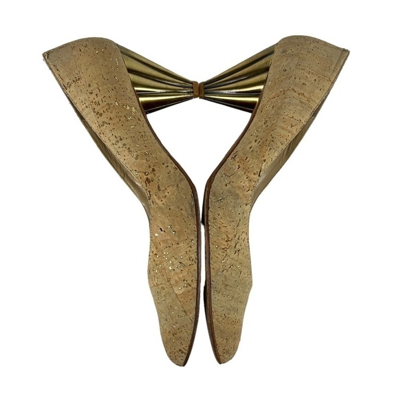 STUART WEITZMAN VINTAGE CORK V CLEAVAGE LEATHER SOLE SCULPTURAL HEEL PUMP HEELS - Picture 5 of 14